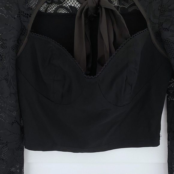 Black Lace Long Sleeve Satin Bow Tie Neck Crop Top Small - Picture 10 of 12